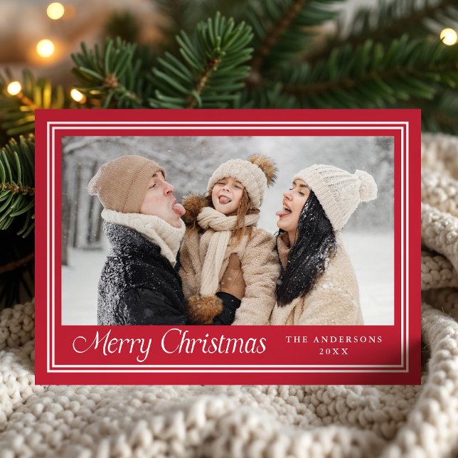 Classic Border Red Merry Christmas Photo Holiday Card (Creator Uploaded)