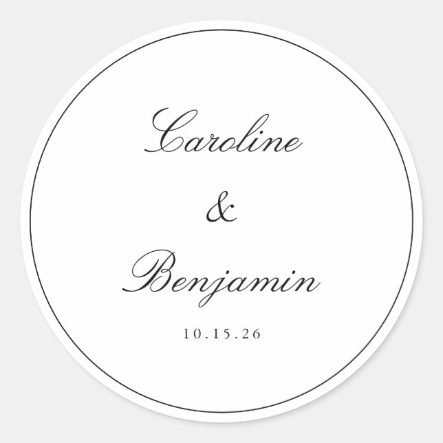 Classic Border Script Elegant Wedding Custom Classic Round Sticker (Front)