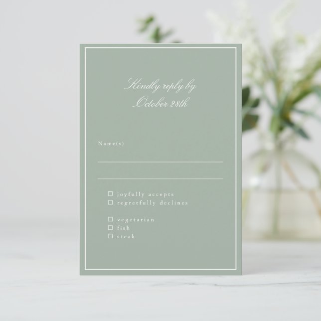 Classic Border Script Elegant Wedding Meal Sage RSVP Card (Standing Front)