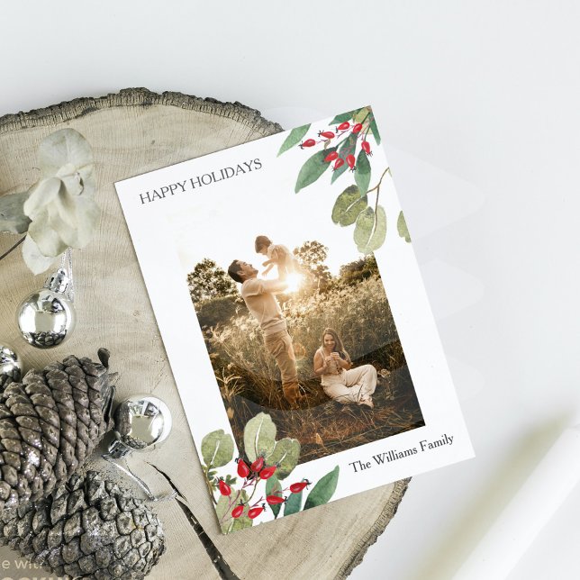 Classic Botanical Christmas Greetings Photo Holiday Card (Classic Botanical Christmas Greetings Photo Holiday Card)