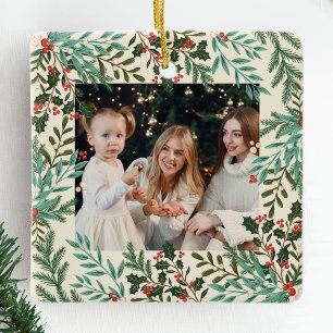 Classic Botanical Floral Christmas Two photo Ceramic Ornament