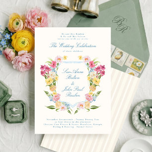 classic botanical french floral crest wedding invitation