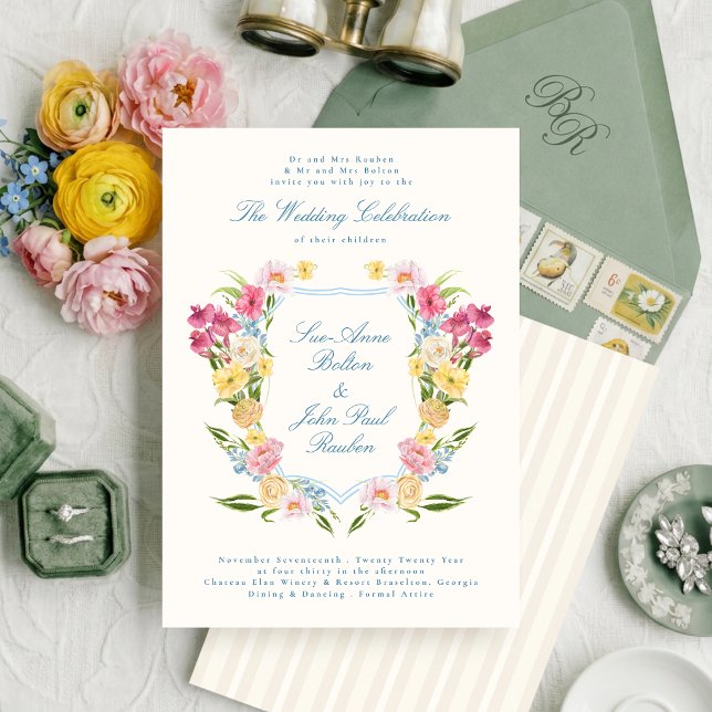 classic botanical french floral crest wedding invitation (Creator Uploaded)