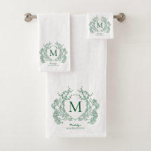 Classic Botanical Green Floral Crest Monogram