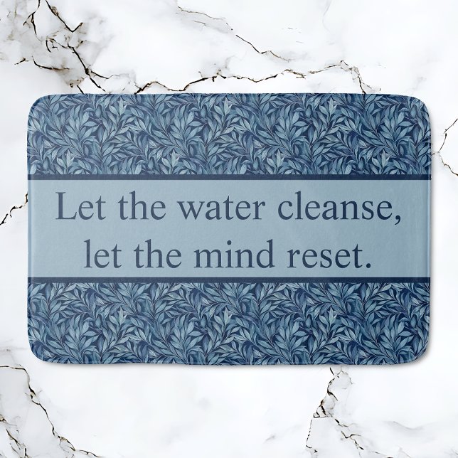 Classic Botanical Inspirational Quote Pattern  Bath Mat (Classic Art Nouveau Botanical Blue Bathmat. Let the water cleanse, let the mind rest.)