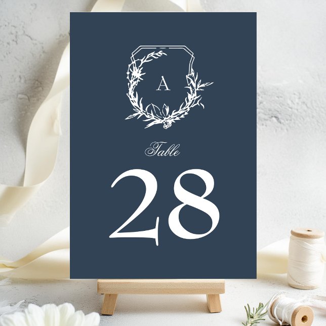 classic botanical navy blue monogram crest table number (Creator Uploaded)