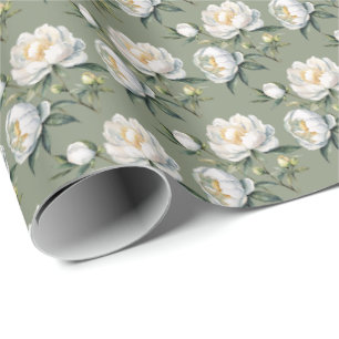 Classic Botanical Peony Sage Green Seamless Repeat Wrapping Paper