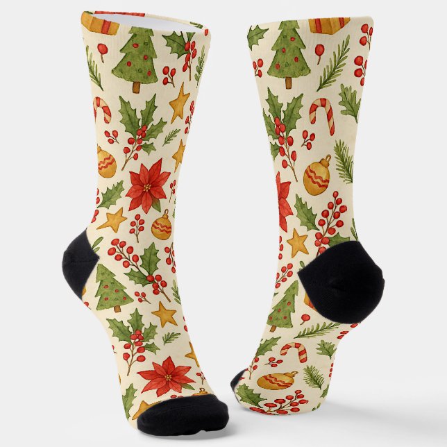 Classic Botanical Poinsettia Floral Art Pattern Socks (Angled)
