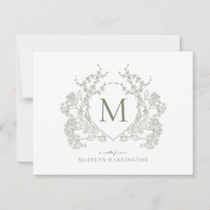 Classic Botanical Sage Green Floral Crest Monogram Card