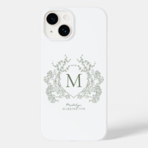 Classic Botanical Sage Green Floral Crest Monogram Case-Mate iPhone 14 Case