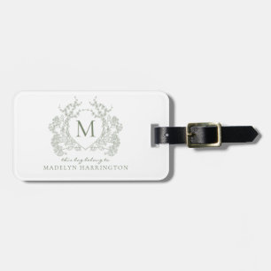Classic Botanical Sage Green Floral Crest Monogram Luggage Tag