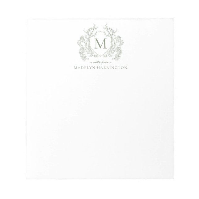 Classic Botanical Sage Green Floral Crest Monogram Notepad (Front)
