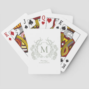 Classic Botanical Sage Green Floral Crest Monogram Playing Cards