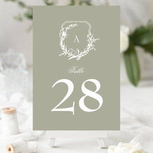 classic botanical sage green monogram crest table number
