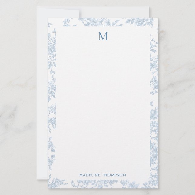 Classic Botanical Toile Monogram French Blue Stationery (Front)