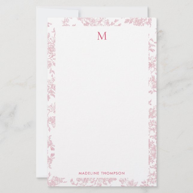 Classic Botanical Toile Monogram Red Stationery (Front)