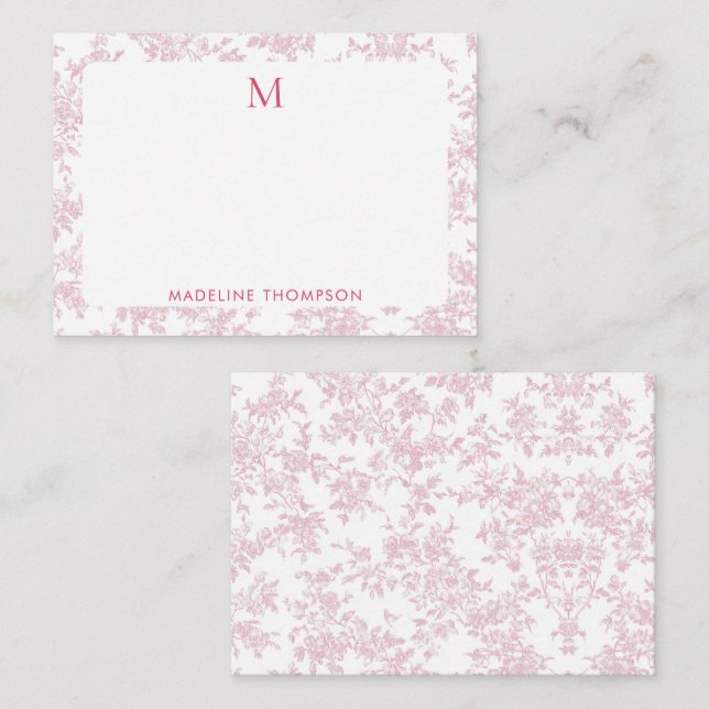 Classic Botanical Toile Monogram Redish Pink Card (Front/Back)