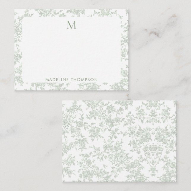Classic Botanical Toile Monogram Sage Green Card (Front/Back)