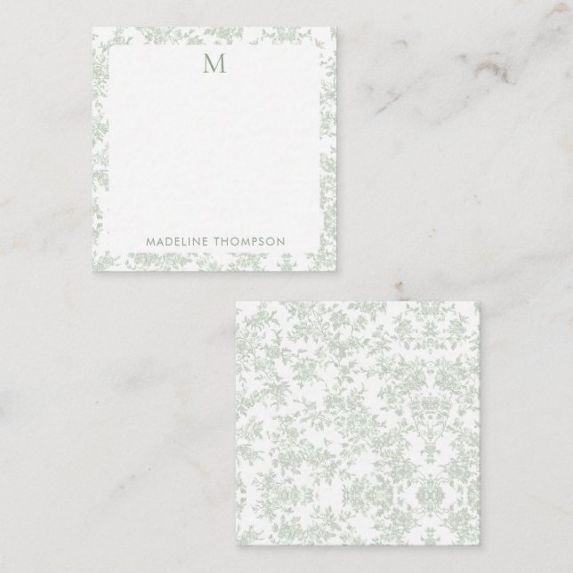 Classic Botanical Toile Monogram Sage Green Square Card (Front/Back)