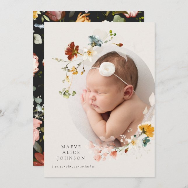 Classic Botanical Wildflower Birth Announcements (Front/Back)