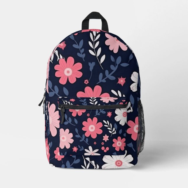 Classic Botanical with Pink and White Flowers Printed Backpack (Front)