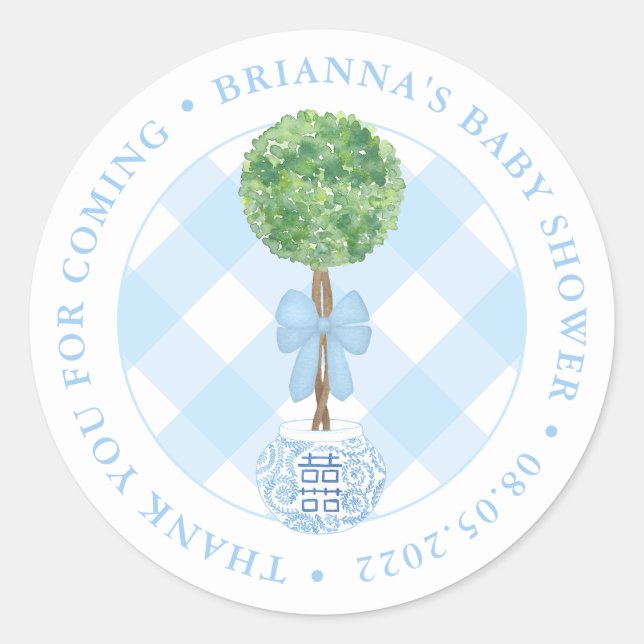 Classic Boxwood Topiary Blue Baby Shower Thank You Round Sticker (Front)