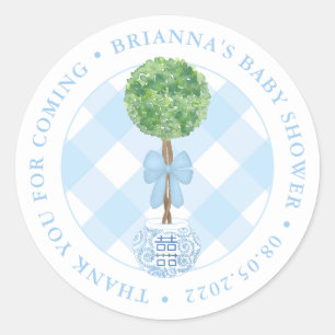 Classic Boxwood Topiary Blue Baby Shower Thank You Round Sticker