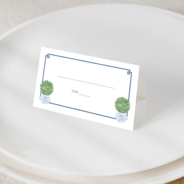 Classic Boxwood Topiary Blue Greek Key Mixed Event Place Card (Boxwood topiary balls in ginger jar planters with navy greek key print wedding escort cards)