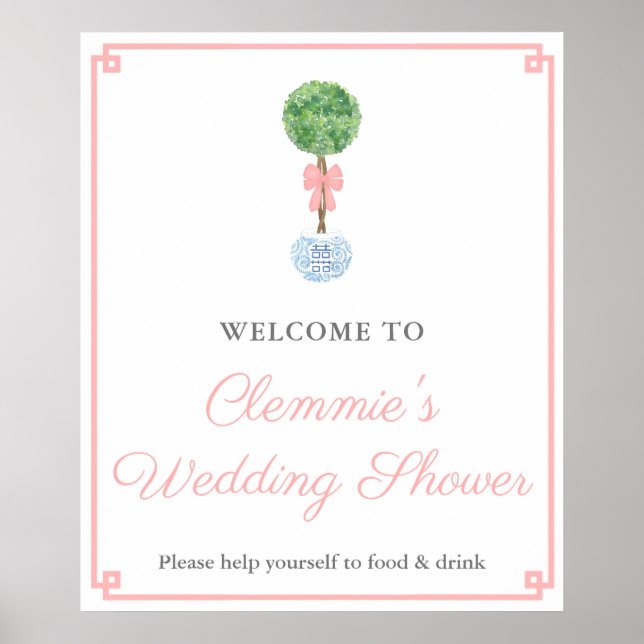 Classic Boxwood Topiary Pink Bridal Shower Welcome Poster (Front)