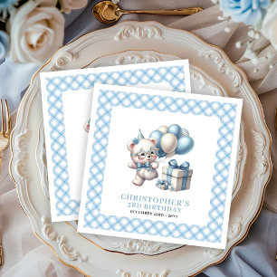 Classic Boy Birthday Napkins Teddy Bear Blue Ivory