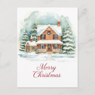 Classic Brick Home in Snowy Christmas Setting Holiday Postcard
