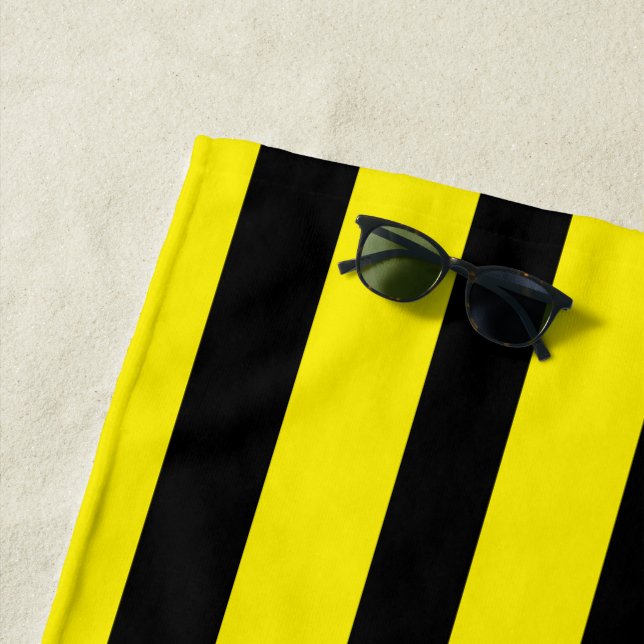 Classic Bright Yellow and Black Striped Beach Towel (In Situ)