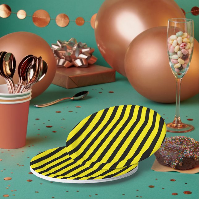 Classic Bright Yellow and Black Striped Paper Plate (Multi)