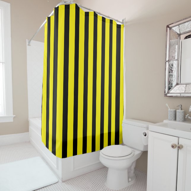 Classic Bright Yellow and Black Striped Shower Curtain (In Situ)