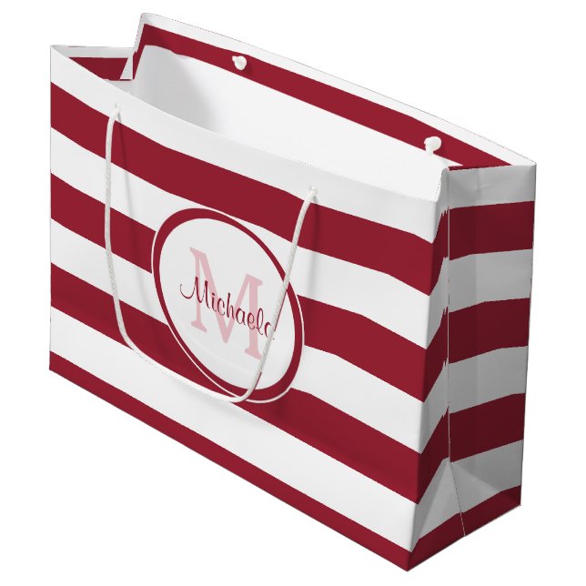 Classic Broad Crimson Red Stripes With Name Large Gift Bag (Front Angled)
