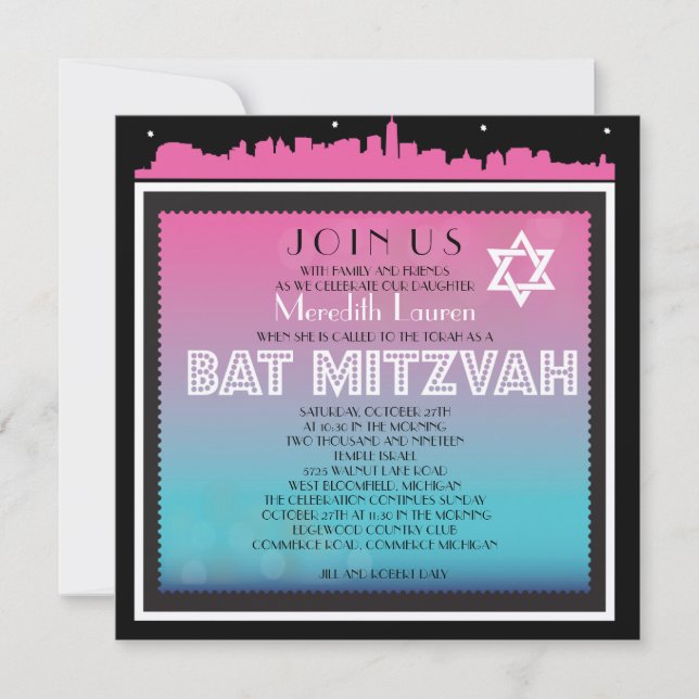 CLASSIC BROADWAY Bat Mitzvah Invitation-with Star Invitation (Front)