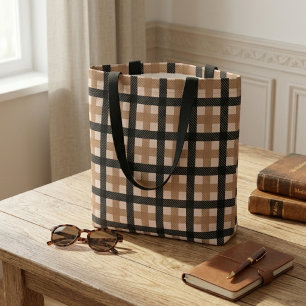 Classic Brown and Black Textured Plaid Pattern Tote Bag