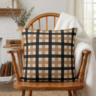 Classic Brown and Black Textured Plaid Throw Cushion