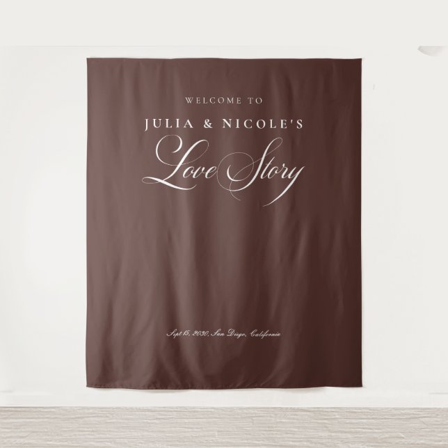 Classic Brown Calligraphy Wedding Backdrops Banner Tapestry (Front)