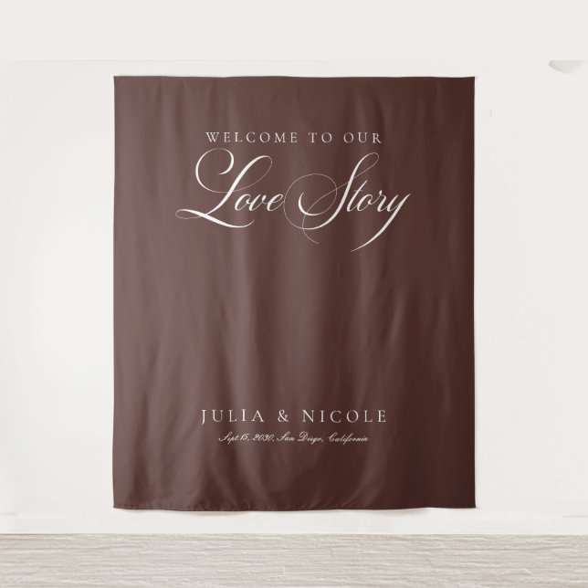 Classic Brown Calligraphy Wedding Backdrops Banner Tapestry (Front)