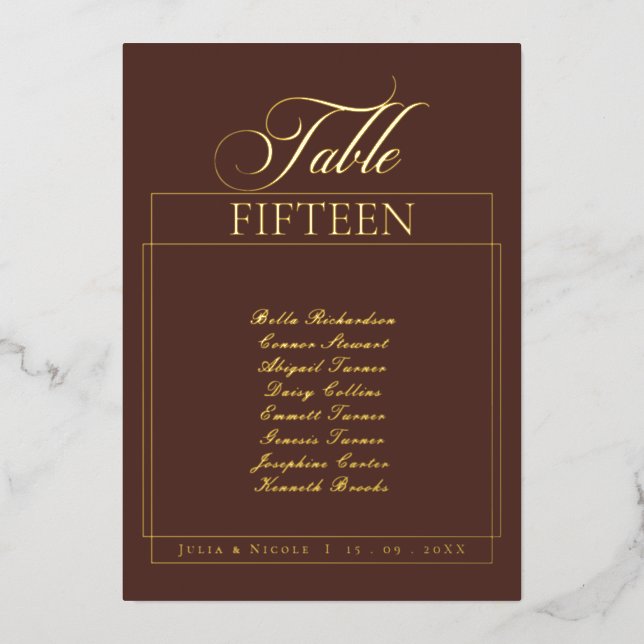 Classic Brwon Border Wedding Table Number Sign (Front)