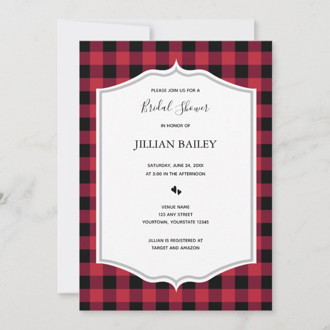 Classic Buffalo Plaid Black Red Bridal Shower Invitation (Front)