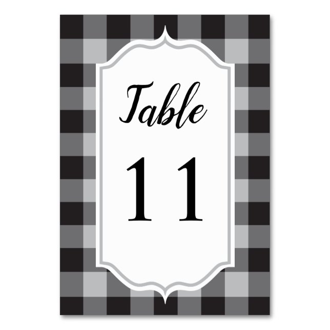 Classic Buffalo Plaid Check Black White Wedding Table Number (Front)