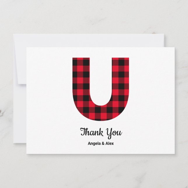 Classic Buffalo Plaid Letter U Wedding Monogram Thank You Card (Front)