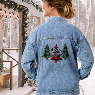 Classic Buffalo Plaid Merry Christmas Trees Denim Jacket