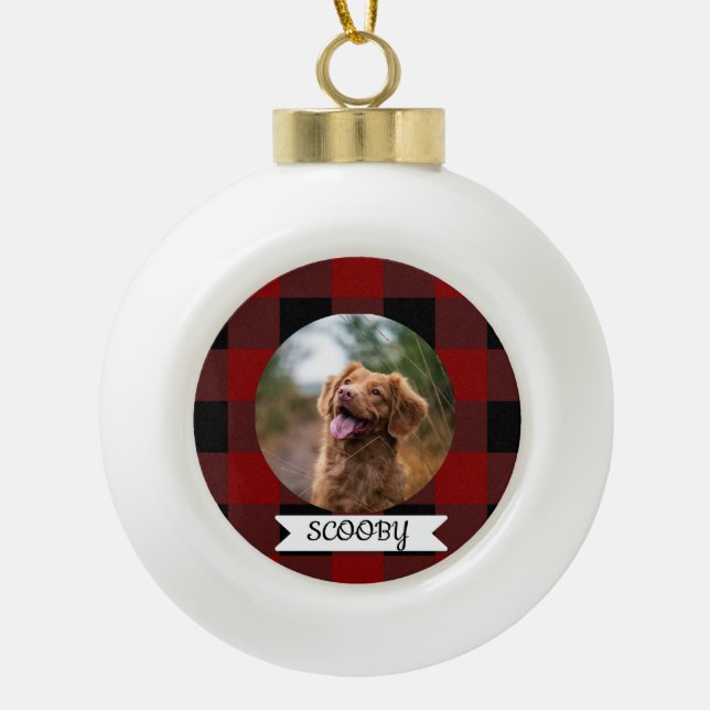 Classic Buffalo Plaid one photo pet Ceramic Ball Christmas Ornament (Front)