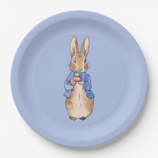 Classic bunny in blue holding a birthday cake paper plate (Front)