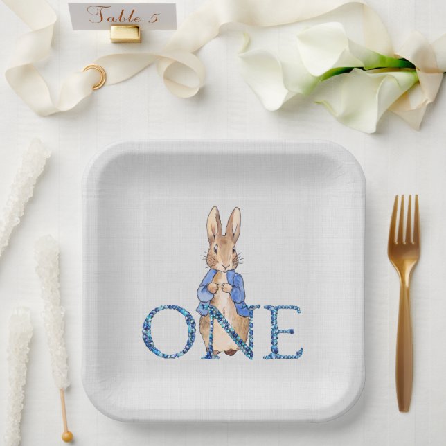 Classic Bunny in blue jacket First Birthday Paper Plate (Wedding)