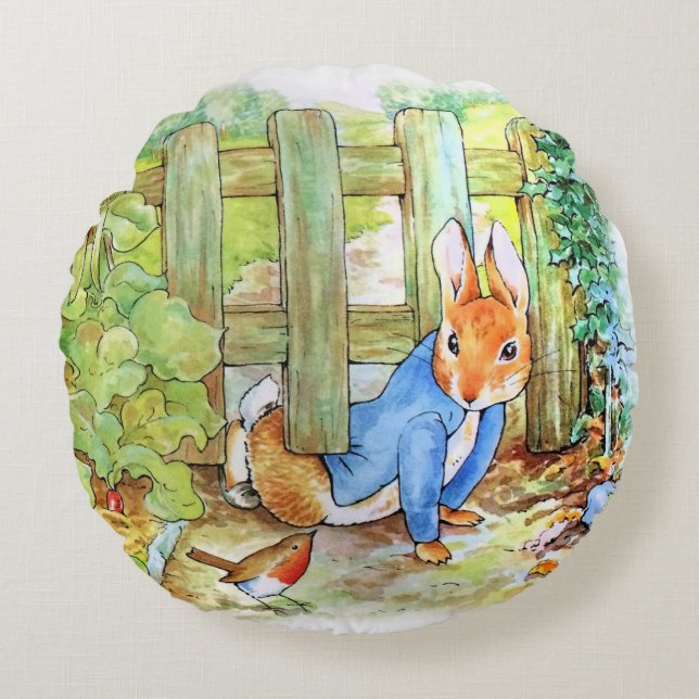 Classic bunny rabbit under the fence round cushion (Front)