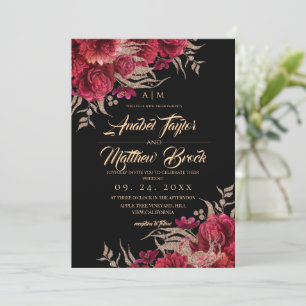 Classic Burgundy and Black Gold Floral Wedding  Invitation